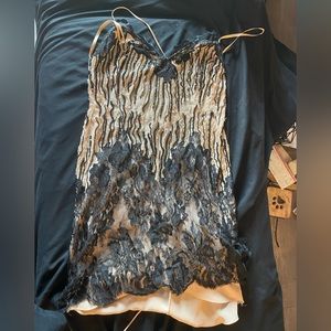 Lace Overlay Slip Dress in Black and Cream